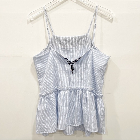 Stitch Fix THML Ruffle Peplum Tassel Top Size Medium Nautical Blue Stripe - Picture 2 of 8